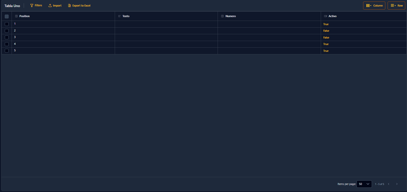 Tabla con columnas y filas sin datos